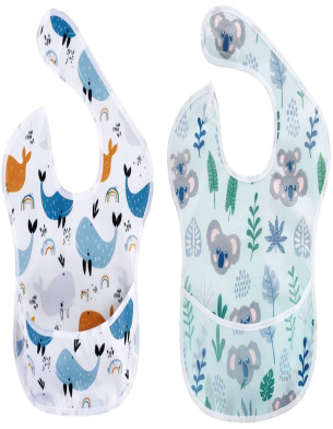 Moms Choice Waterproof Baby Bibs Set of Two Infant 6-24 Months with Pocket Washable Stain Oil and Odor Resistant